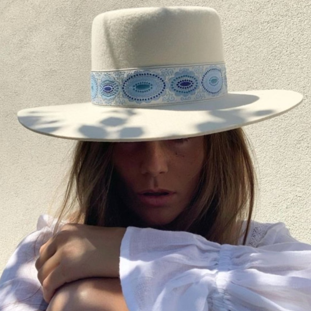 Lack Of Color Cream Hat with Blue Embroidered Band